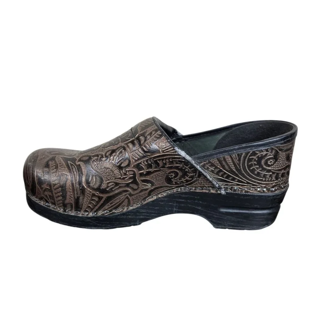 Dansko Floral Tooled Clogs Sz 41 US 10.5 - 11 Brown Leather Comfort